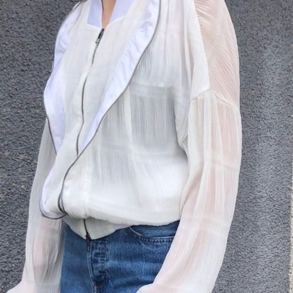 🤍 SUPERFINE Sheer White Ruffled Bomber Jacket - Picture 11 of 14